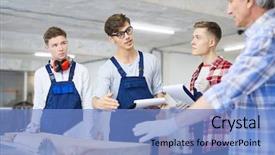  Presentation with worker - Presentation theme featuring engineering intern - confident handsome young worker background and a teal colored foreground