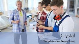  Presentation with intern - Presentation consisting of engineering intern - confident mature carpenter foreman explaining background and a light blue colored foreground