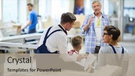  Presentation with mature students sitting at desks - Audience pleasing PPT theme consisting of engineering intern - focus on carpentry students backdrop and a mint green colored foreground