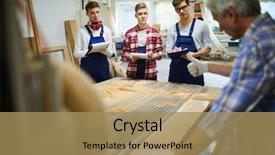  Presentation with rubber gloves - PPT theme featuring engineering intern - professional senior carpenter in gloves background and a coral colored foreground