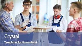  Presentation with carpenter - Presentation enhanced with engineering intern - serious confident carpenter in gloves background and a ocean colored foreground