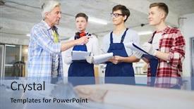  Presentation with mentor - Presentation theme consisting of engineering intern - serious confident carpenter mentor standing background and a teal colored foreground