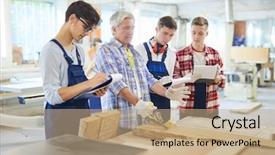  Presentation with students working in groups - Slide set enhanced with engineering intern - serious confident mature carpenter background and a coral colored foreground
