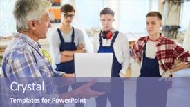  Presentation with woodworking - Presentation design having engineering intern - serious confident mature woodworking master background and a ocean colored foreground