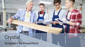  Presentation with intern - Slide set having engineering intern - serious handsome mature carpenter background and a light blue colored foreground