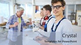  Presentation with construction site construction - Presentation design enhanced with engineering intern - smiling handsome young worker standing background and a light blue colored foreground