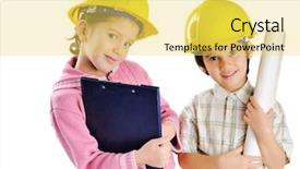  Presentation with architects - Presentation enhanced with engineering kids - future male and female architects background and a yellow colored foreground