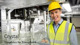  Presentation with pipes - PPT theme featuring engineering materials - engineer checking the temperature pipes background and a mint green colored foreground