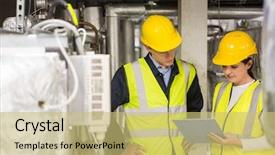  Presentation with temperature - Presentation with engineering materials - engineer smiling at the camera background and a yellow colored foreground