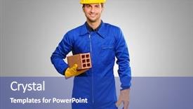  Presentation with engineering engineer or safety officer - Theme enhanced with engineering materials - happy engineer holding brick isolated background and a ocean colored foreground