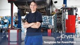  Presentation with female mechanic - Colorful theme enhanced with smiling young female mechanic backdrop and a ocean colored foreground