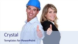  Presentation with engineering - Audience pleasing PPT theme consisting of engineering optimization - engineer and a tradesman giving backdrop and a light blue colored foreground