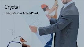  Presentation with team - Beautiful slide set featuring engineering optimization - engineer studying blueprints backdrop and a light blue colored foreground