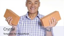  Presentation with bricks - PPT layouts featuring engineering optimization - senior man holding tho bricks background and a light blue colored foreground