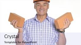  Presentation with street art bricks - Cool new slides with engineering optimization - senior man holding tho bricks backdrop and a light blue colored foreground