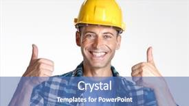  Presentation with construction - Colorful slide deck enhanced with engineering optimization - young and happy construction worker backdrop and a ocean colored foreground