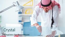  Presentation with engineering engineer or safety officer - Slide set consisting of engineering paper - arab engineer working on new background and a light blue colored foreground