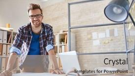  Presentation with camera - Audience pleasing presentation theme consisting of engineering paper - contemporary engineer looking at camera backdrop and a light gray colored foreground