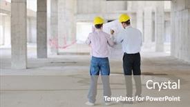  Presentation with team group - Cool new PPT theme with engineering paper - team of architects people backdrop and a  colored foreground