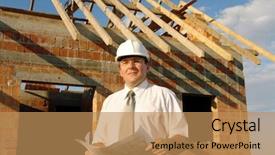  Presentation with house building plans - Slides having engineering personnel - building engineer wearing white helmet background and a  colored foreground