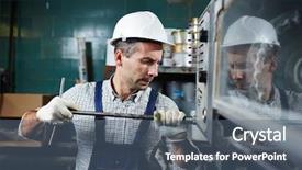  Presentation with industrial machines - PPT theme featuring engineering personnel - contemporary factory technician with handtool background and a ocean colored foreground