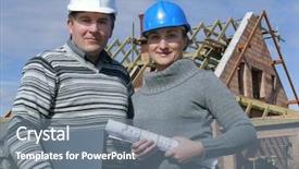  Presentation with house building plans - Colorful slide deck enhanced with engineering personnel - female and male building engineers backdrop and a gray colored foreground