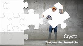  Presentation with 3d man puzzle assembling - Slide deck featuring questions - businessman in difficult choice concept background and a ocean colored foreground.