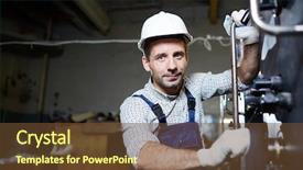  Presentation with factory machine - Slide set with engineering personnel - mid-aged factory worker in uniform background and a  colored foreground