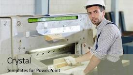  Presentation with industrial machine - Audience pleasing slide set consisting of engineering personnel - mid-aged worker in uniform producing backdrop and a  colored foreground