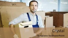  Presentation with aged - Colorful PPT layouts enhanced with engineering personnel - middle-aged worker carrying boxes backdrop and a  colored foreground