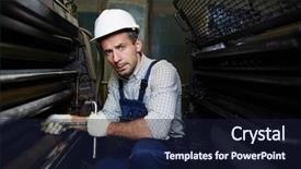  Presentation with industrial machine - Presentation theme consisting of engineering personnel - serious factory worker sitting background and a wine colored foreground