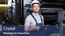  Presentation with online food order - Slide deck enhanced with engineering personnel - serious repairman looking at camera background and a ocean colored foreground