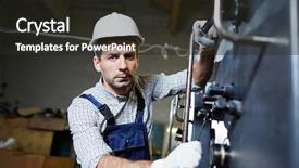  Presentation with engineering industrial - Beautiful slides featuring engineering personnel - serious technician in uniform fixing backdrop and a dark gray colored foreground