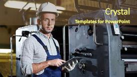  Presentation with engineering industrial - Slide set with engineering personnel - serious technician with touchpad standing background and a tawny brown colored foreground