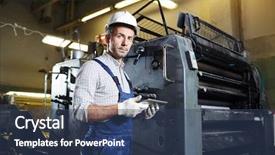  Presentation with industrial machines - Audience pleasing PPT theme consisting of engineering personnel - young worker in uniform gloves backdrop and a ocean colored foreground