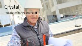  Presentation with entrepreneur - Cool new PPT theme with engineering portrait - entrepreneur on building site using backdrop and a soft green colored foreground