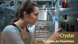  Presentation with factory machine - Slide set enhanced with engineering power plant focus - female factory worker operating machine background and a  colored foreground