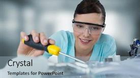  Presentation with digital electronics - Colorful slide deck enhanced with engineering seating - digital composite of woman backdrop and a light blue colored foreground