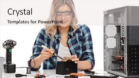  Presentation with soldering - Presentation having engineering seating - female pc technician soldering background and a light gray colored foreground