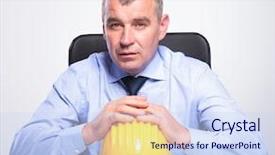  Presentation with desk - Presentation enhanced with engineering seating - senior business man sitting background and a  colored foreground