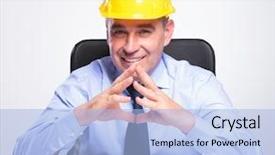  Presentation with gray - Presentation featuring engineering seating - senior business man with helmet background and a  colored foreground