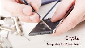  Presentation with electronic - Presentation enhanced with engineering services - serviceman repairing mobile phone background and a lemonade colored foreground