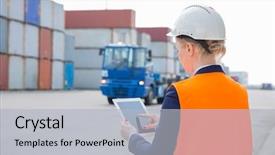  Presentation with shipping - Beautiful PPT layouts featuring cargo ship dock - rear view of female engineer backdrop and a light gray colored foreground