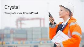  Presentation with walkie talkie - PPT layouts having using walkie-talkie in shipping background and a sky blue colored foreground