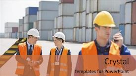  Presentation with walkie talkie - Cool new theme with industrial engineer ship - worker using walkie-talkie while colleagues backdrop and a coral colored foreground