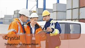  Presentation with overseas workers - Slide set featuring industrial engineer ship - workers discussing over clipboard beside background and a  colored foreground