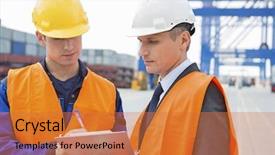  Presentation with shipping container grain - Beautiful slide deck featuring ship engineering - workers discussing over clipboard backdrop and a red colored foreground