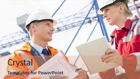  Presentation with overseas workers - Colorful slides enhanced with industrial engineer ship - workers discussing over tablet computer backdrop and a coral colored foreground