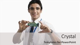  Presentation with circuit board - Slide set featuring engineering student holding an electronic background and a light gray colored foreground