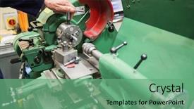  Presentation with machinery - Presentation theme enhanced with engineering student using heavy machinery at the university background and a seafoam green colored foreground